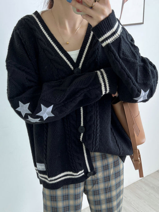 Vintage Oversized Cable Knit Cardigan with Star Embroider
