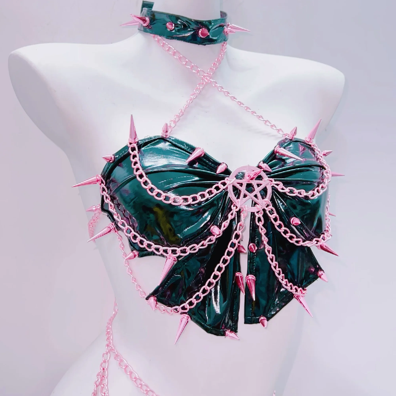 Metal chain rivet applique cross front pant set | Festival Outfits Women