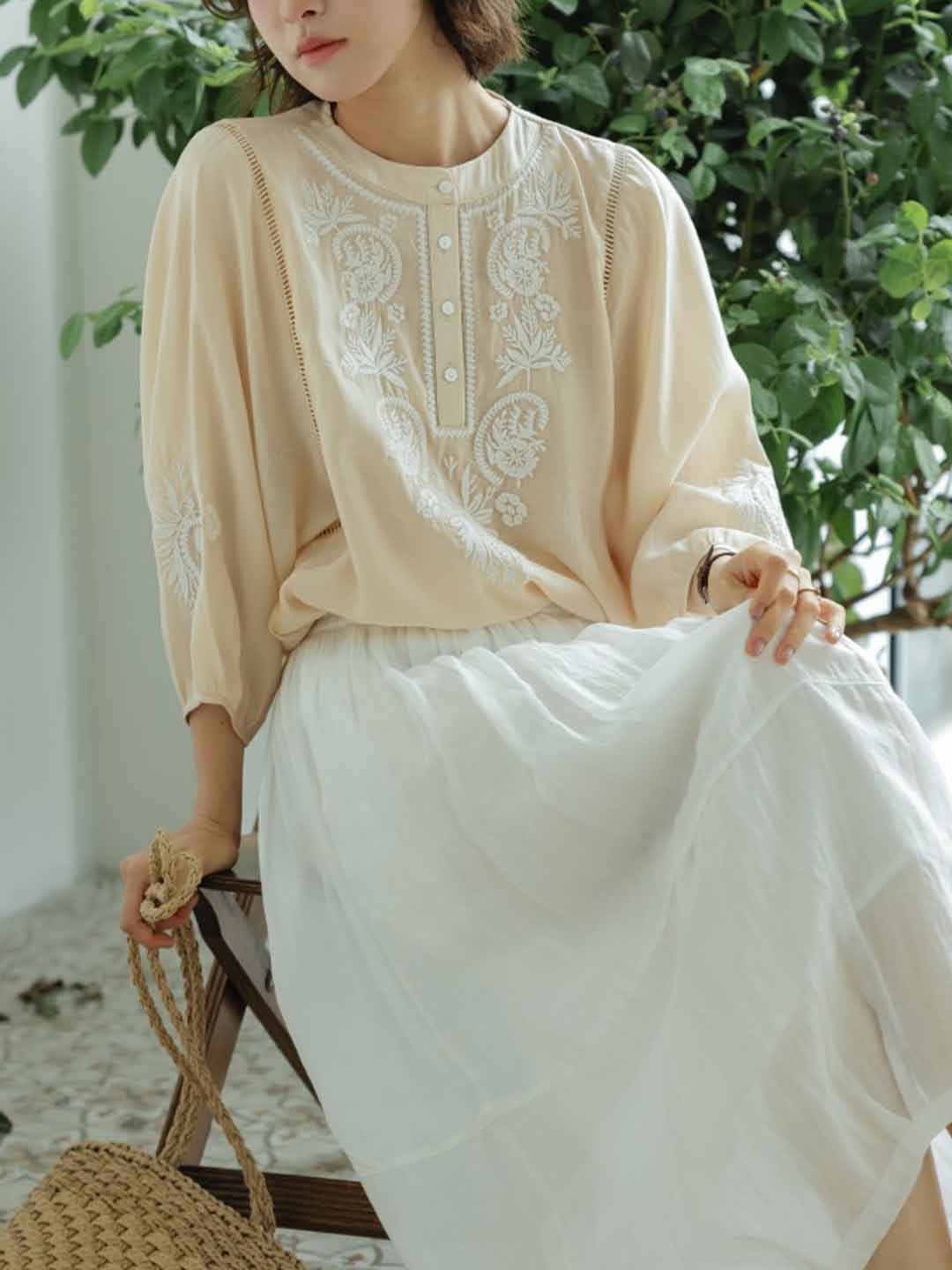 Kylie Vintage Crew Neck Embroidered Top