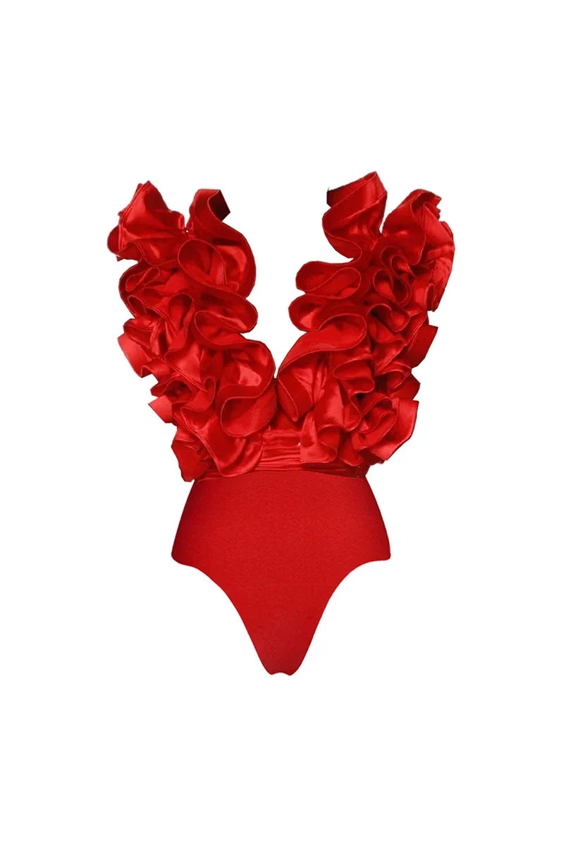 Conjunto de traje de baño rojo con escote en V y ribete de encaje