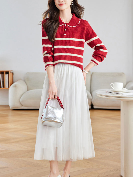 Sophie Loose Doll Collar Striped Knitted Sweater