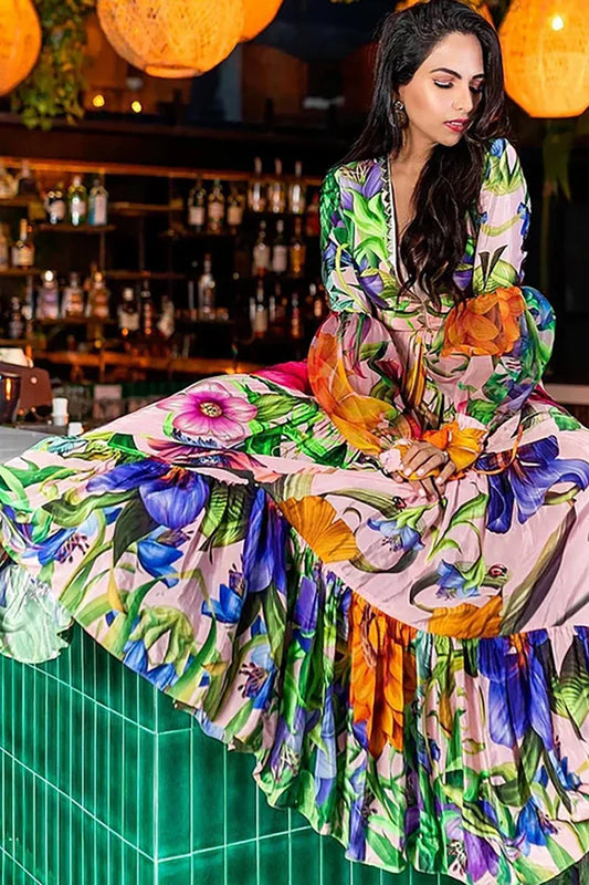 Conjunto de traje de baño estampado con mangas farol y escote en V profundo