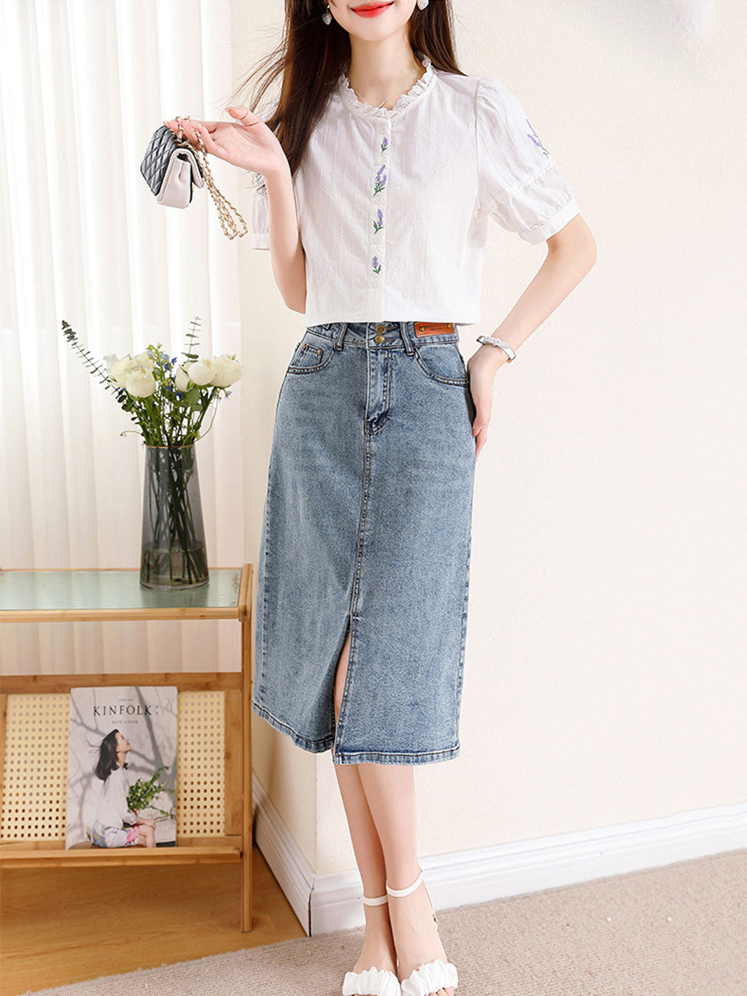 Maria Retro Embroidered Lace Puff Sleeve Shirt-Purple