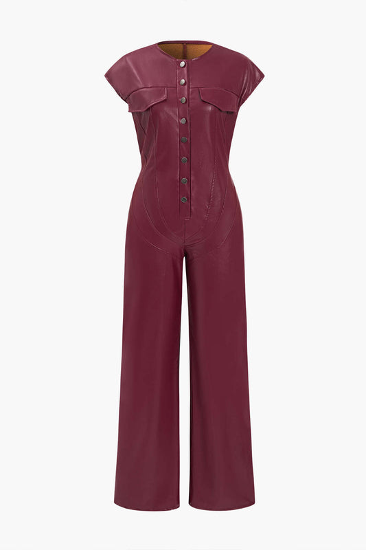 Solid Color Vintage Faux Leather Button Jumpsuit