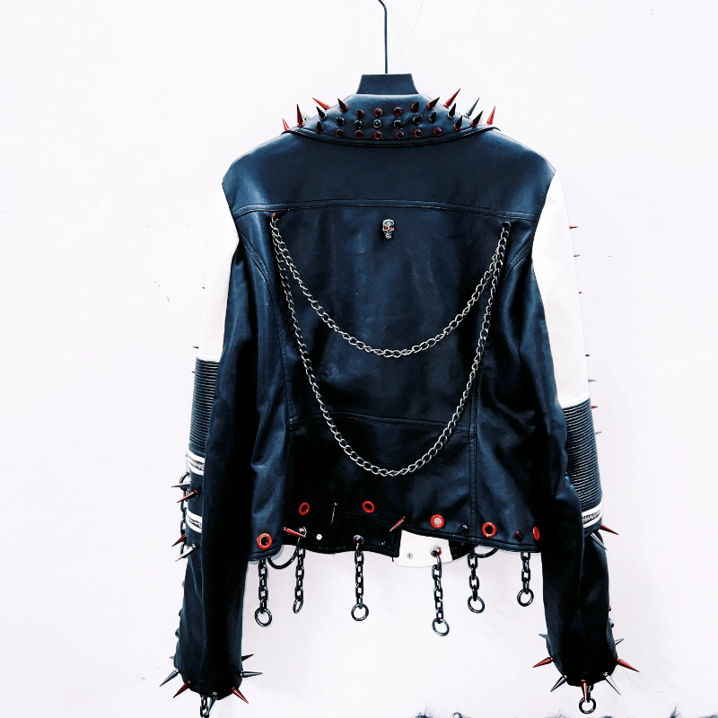 Long sleeve turnover collar rivet metal chain coat top | Festival Outfits Women