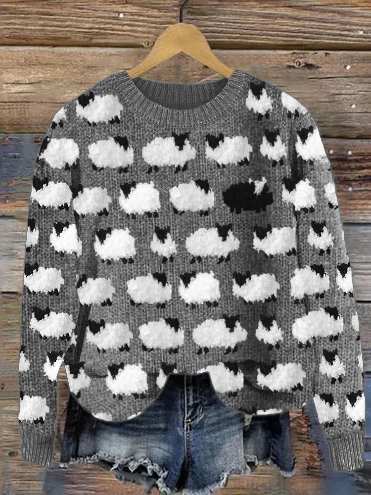 Suéter vintage de punto grueso con ovejas para mujer | Ideal para otoño/invierno