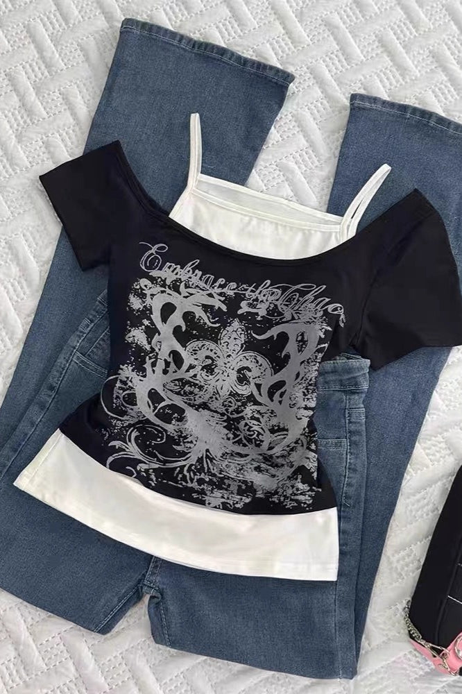Grunge Y2K Twofer Asymmetrical Print T-shirt