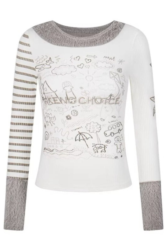 Print Fleece Patchwork Slim Crop Long Sleeve T-shirt