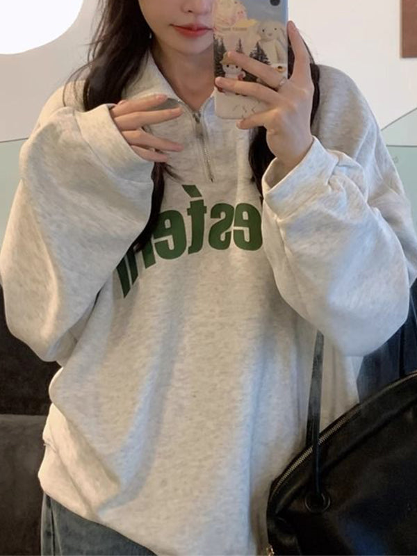 Vintage Letter Print Half Zip Sweatshirt