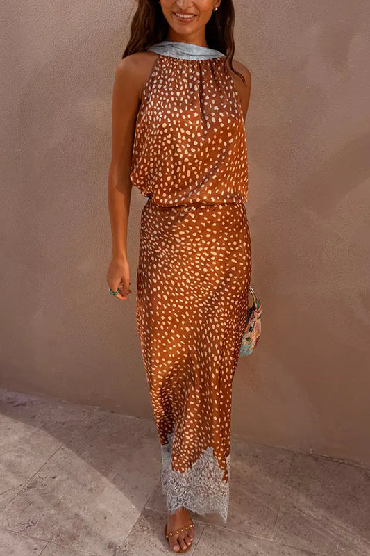 Stunning Fawn Print Contrast Color Satin Lace Trim Mid Rise Maxi Skirt