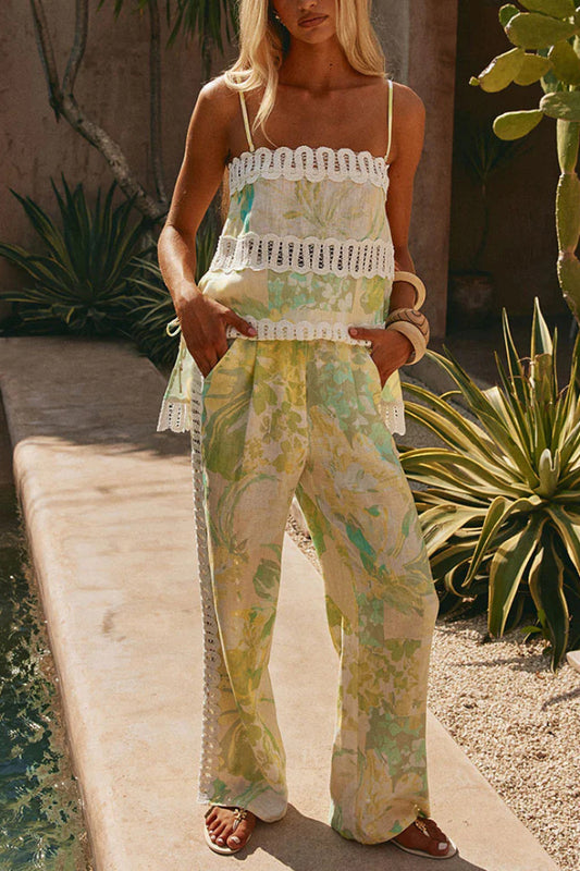 Summer Elegant Printed Curved Crochet Trim Camisole Top and Elastic Waist Casual Pocket Wide-leg Pants Set