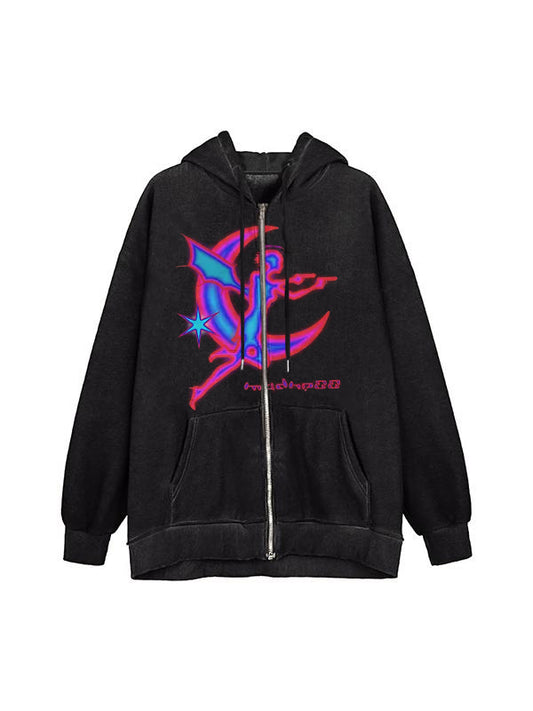 Vintage Graphic Print Zip Up Oversized Hoodie