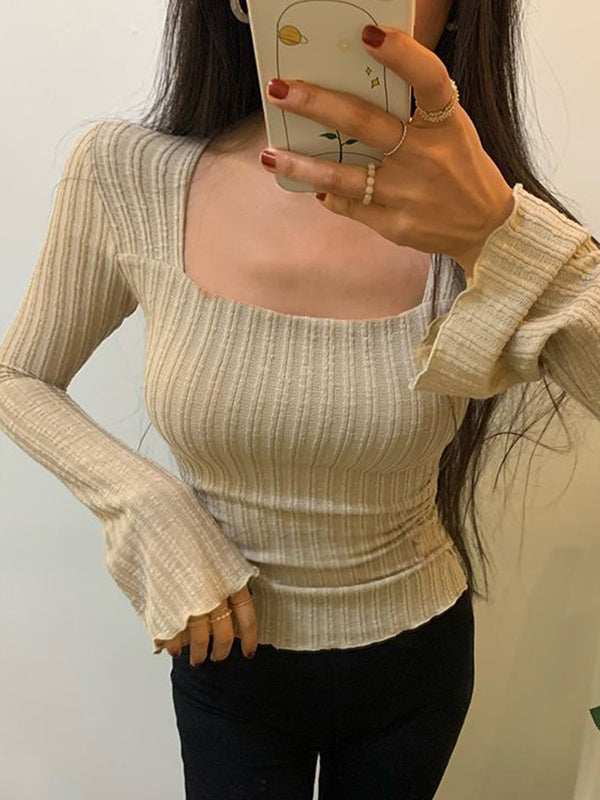 Square Neck Flare Sleeve Slim Knit