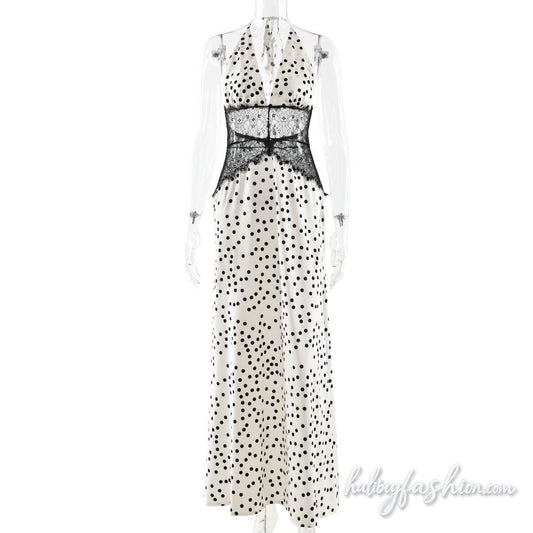 Polka dot halter self tie v neck lace maxi dress