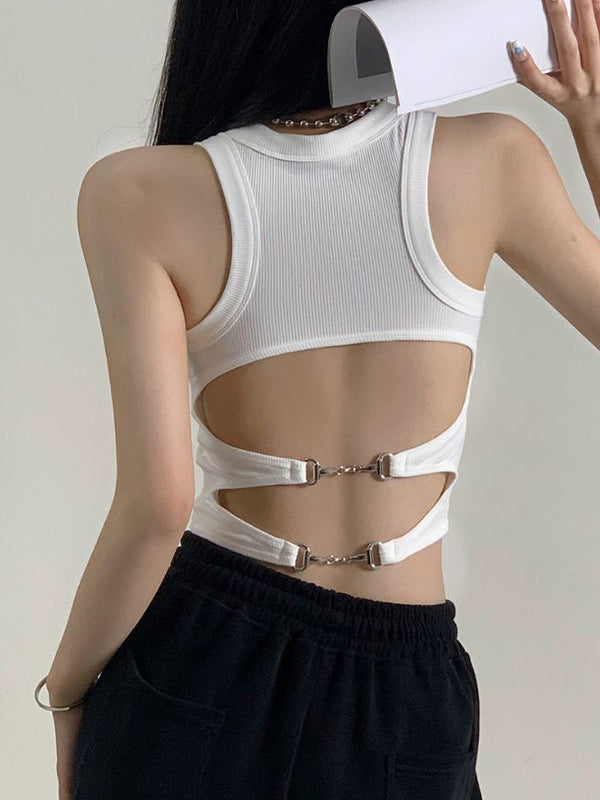 Solid Color Y2k Metal Buckle Backless Tank Top