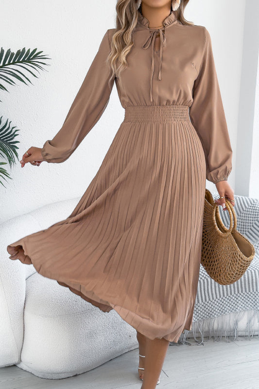 Solid Color Long-sleeved Fitted Waist Pleated Elegant Midi Dress