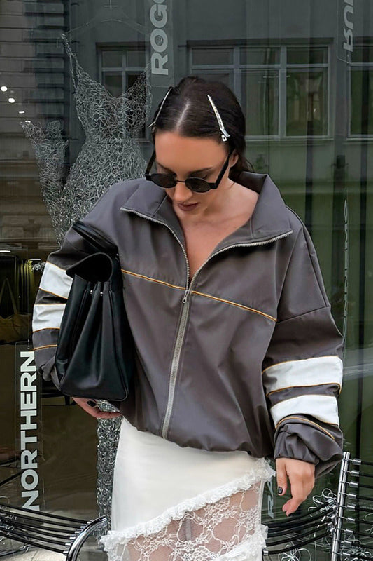 Color Blocking Loose Designer Mandarin Collar Coat