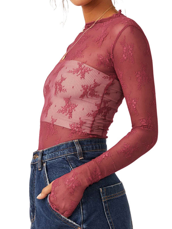 Solid See Through Lace Mock Neck Long Sleeve Tee