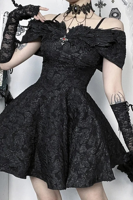 Dark Gothic Feather-decorated Off-the-shoulder Vintage A-line Mini Dress