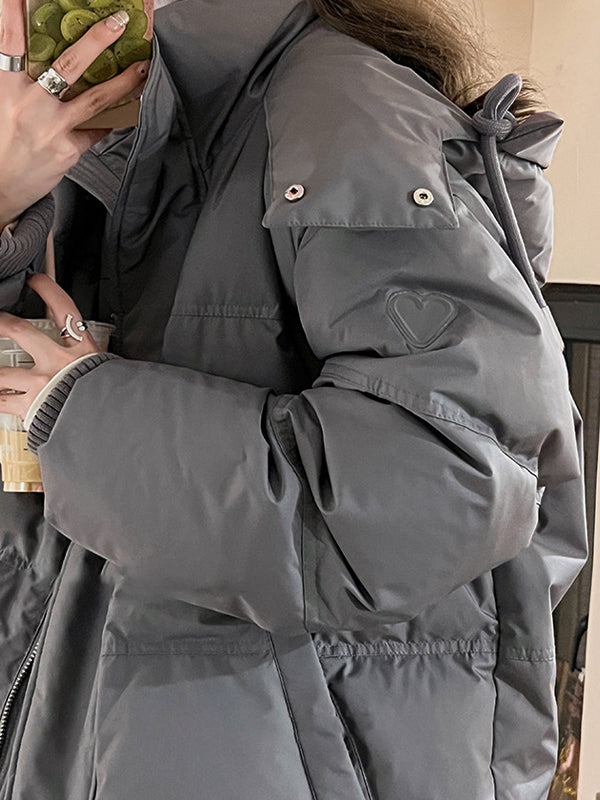 Solid Heart Embellished Hooded Puffer Jacket