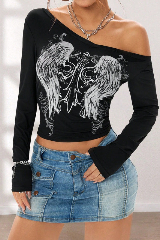 Y2K Gothic Wing V-Neck Long Sleeve T-Shirt
