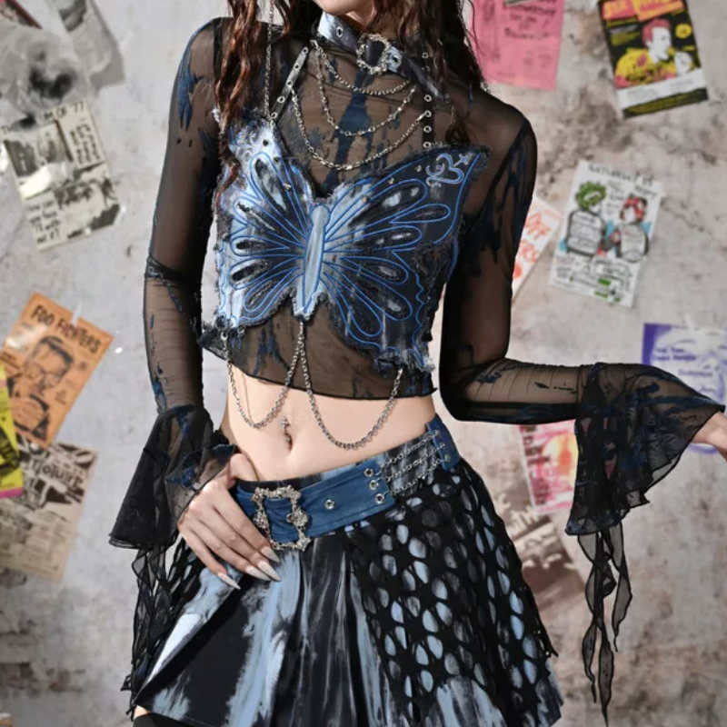 Long flared sleeve mesh print metal chain top | Festival Outfits Women