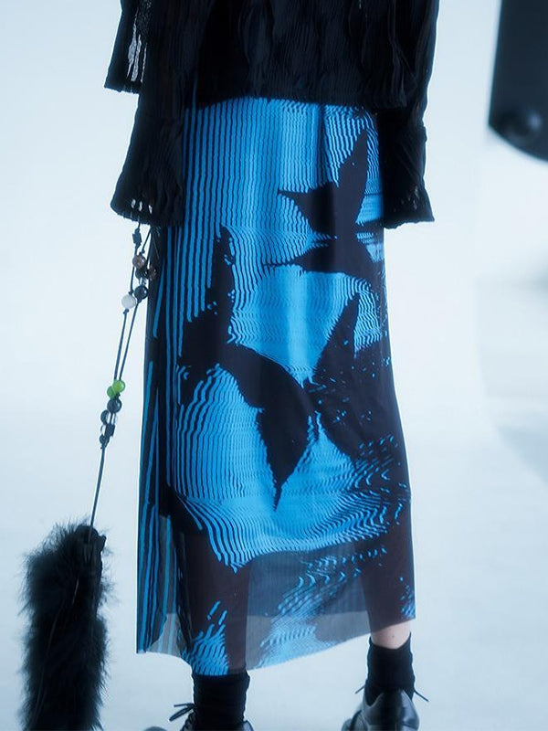 Butterfly Print Mesh Midi Skirt