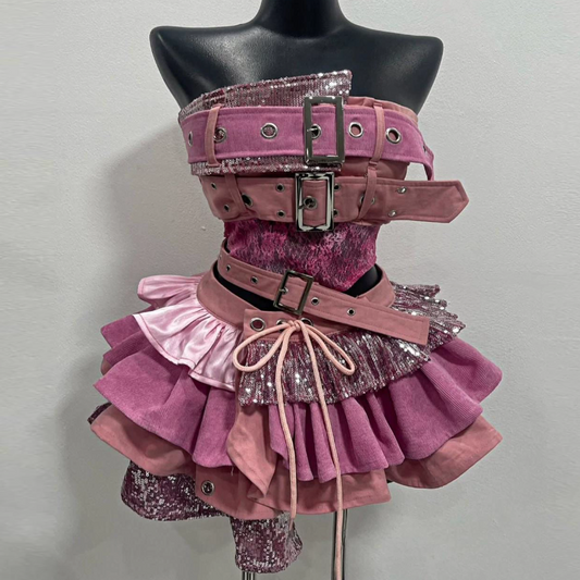 Glitter buckle patchwork ruffle mini skirt set | Festival Outfits Women