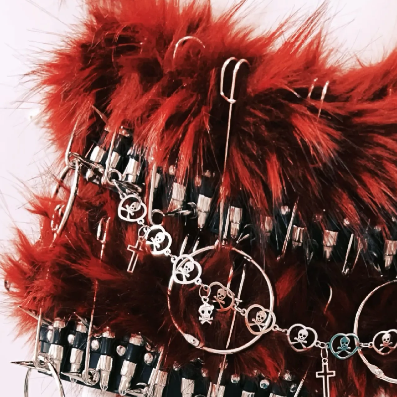 Fluffy o ring skull applique metal chain mini skirt set | Festival Outfits Women