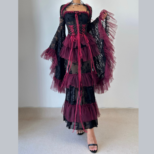Lace long flared sleeve beaded flower applique maxi dress | Festival Outfits Women
