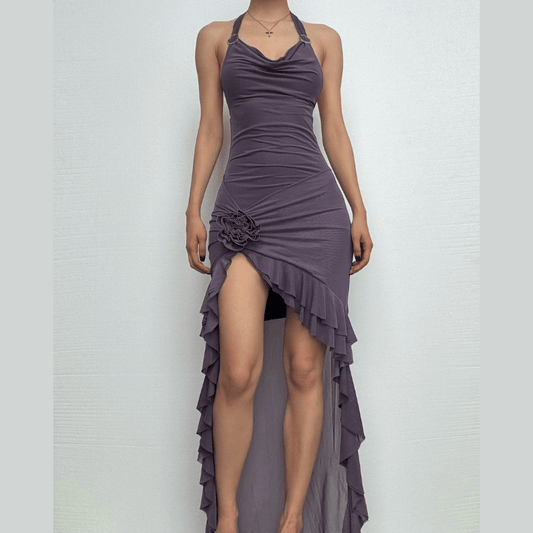 Halter cowl neck flower applique ruffle maxi dress | Festival Outfits Women