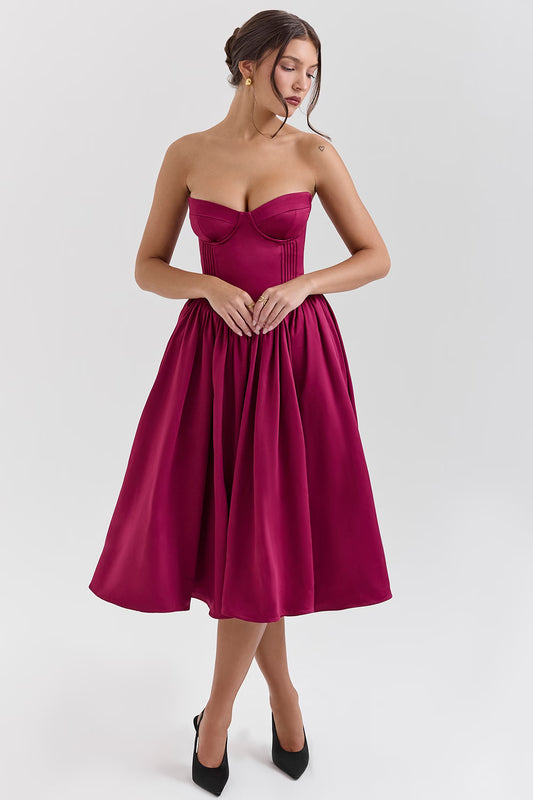 burgundy satin tulle midi dress - sale