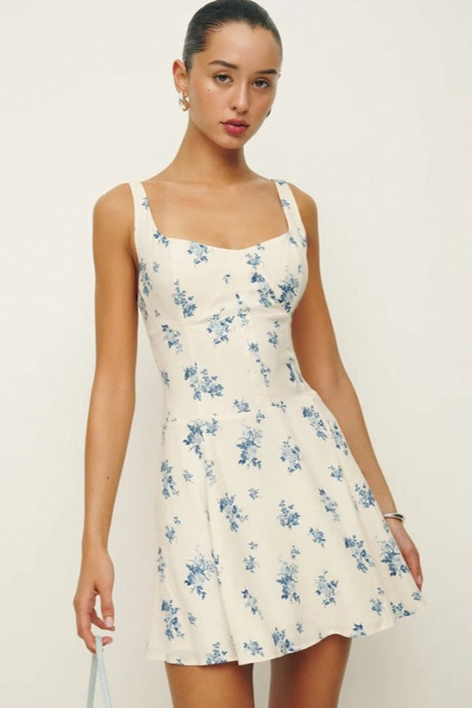 Square Neck Backless A-Line Mini Floral Dress