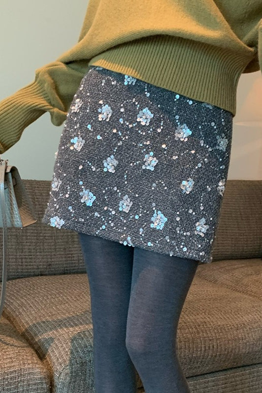 Sequin Embroidered High Waist A-line Fitted Short Skirt