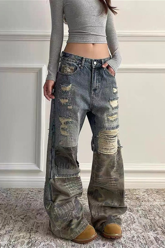Washed Camo Patchwork Distressed Slim-Fit Jeans