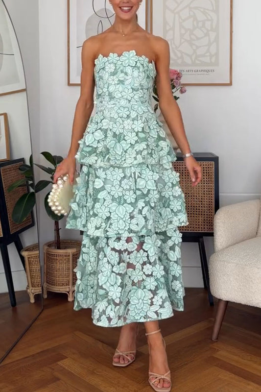 Cocktail Events 3D Embroidery Floral Detail Off Shoulder Tiered Hem Maxi Dress
