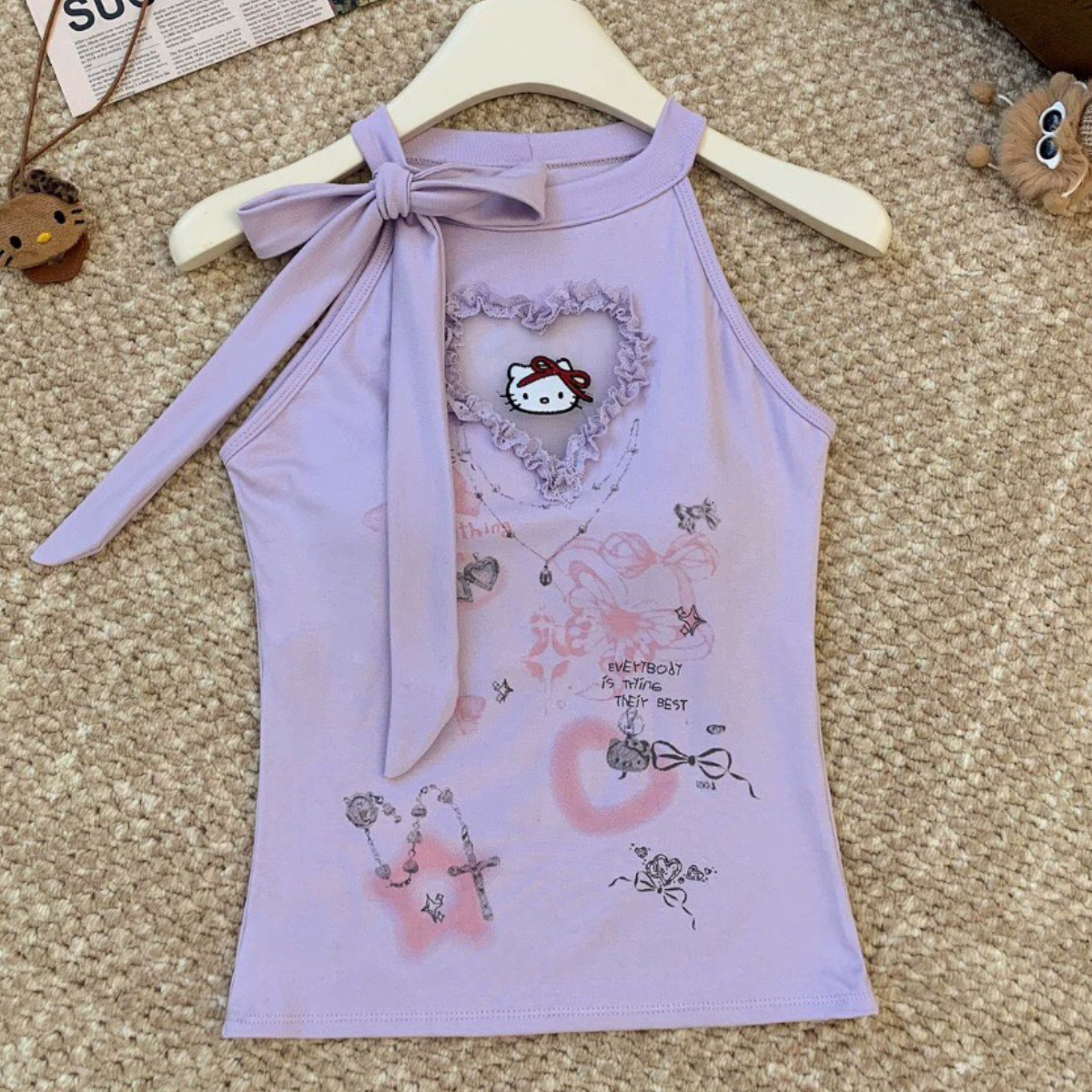 Self tie ruffle " hello kitty " pattern top | Festival Outfits Women