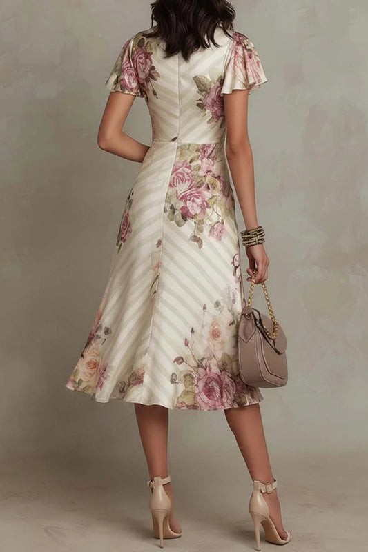 Floral Print V-neck Ruffled Sleeves Waist-cinching Pleated Elegant Midi Dress