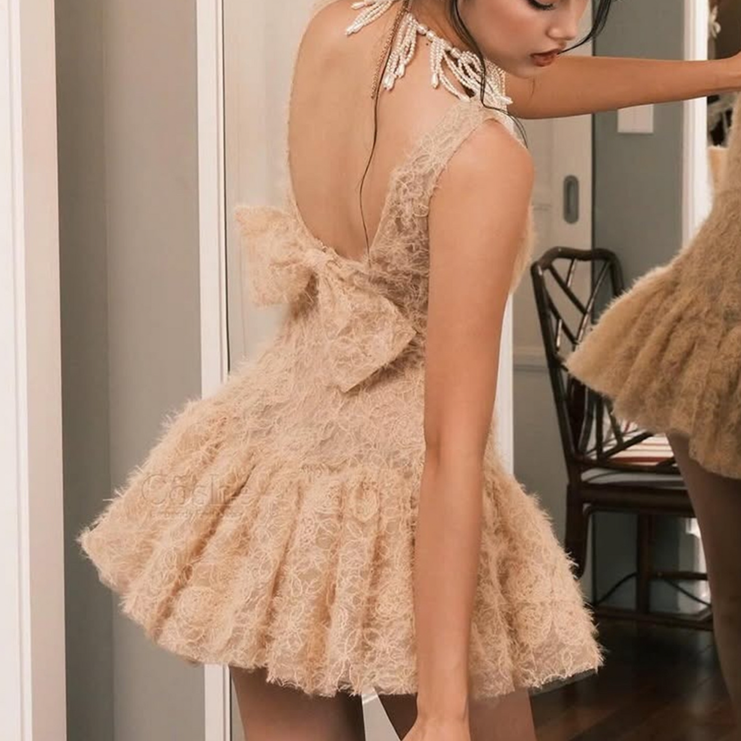 Lace backless bowknot ruffle mini dress | Festival Outfits Women