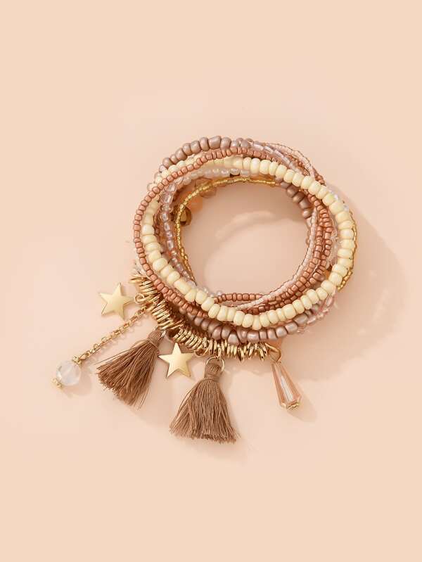 9pcs Tassel Charm Beaded Bracelet for Women