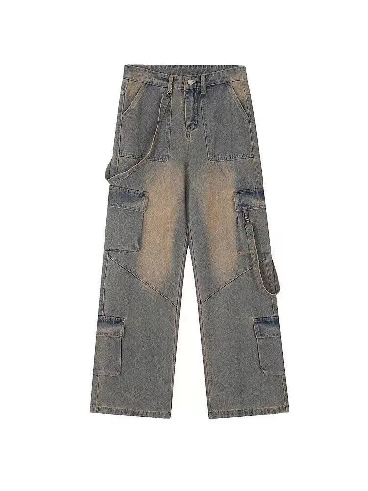 Women Y2k Vintage Waist Wide Leg Denim Trousers Streetwear Casual Pockets Pants