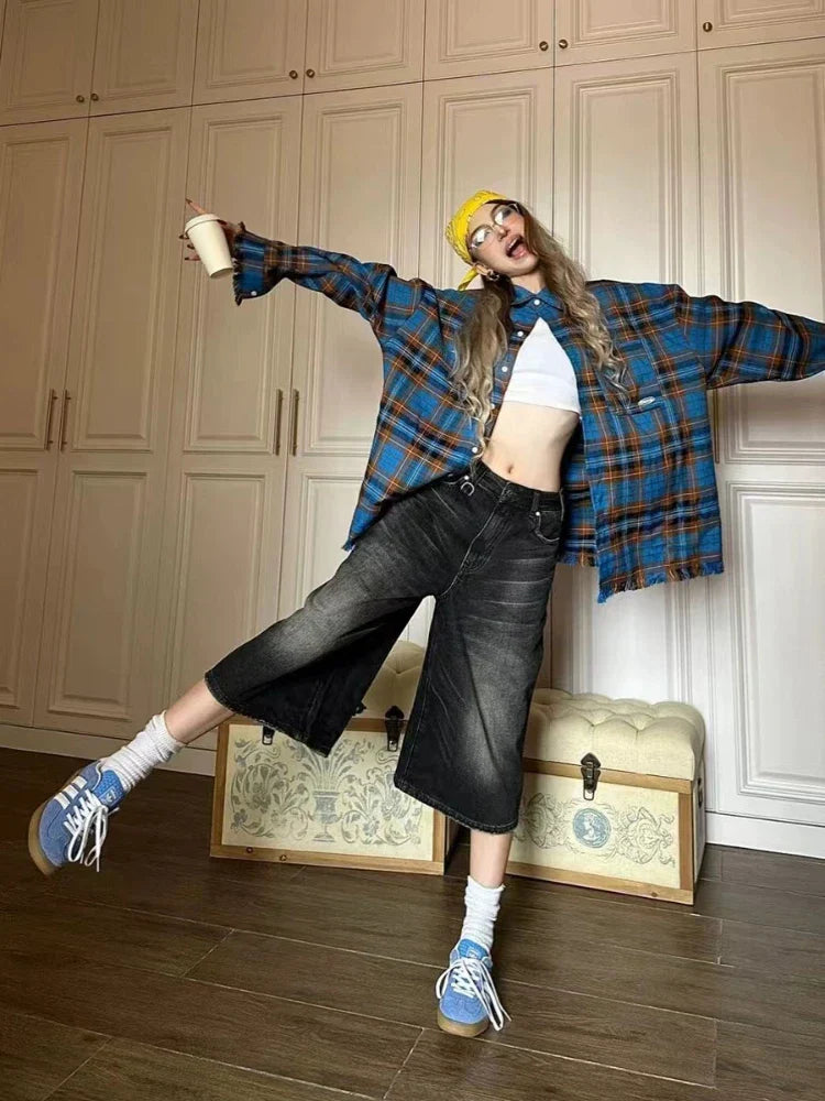 Calf-Length Shorts Jeans Women Streetwear Vintage Oversize Wide Leg Denim Pants
