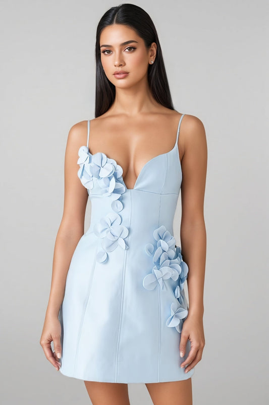 Raldris Blue Backless 3D Floral Mini Dress