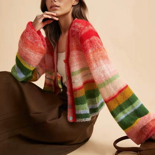 Cárdigan elegante de punto con cuello en V y botones a rayas multicolor para mujer | Ideal para otoño/invierno