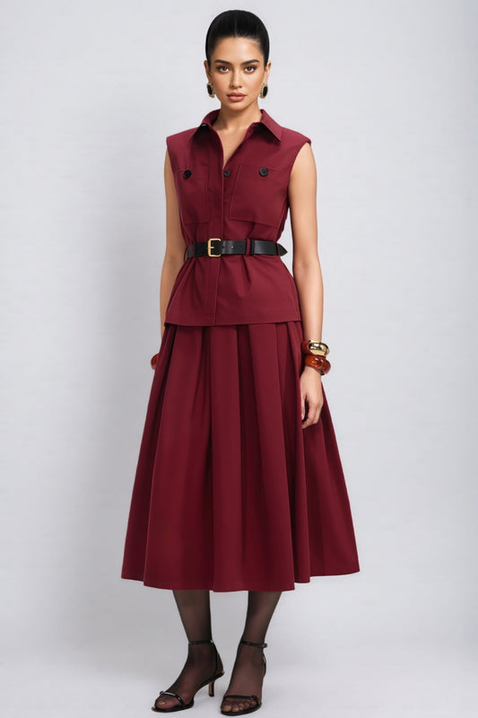 Raelith Red Twill Belted Midi Dress Set