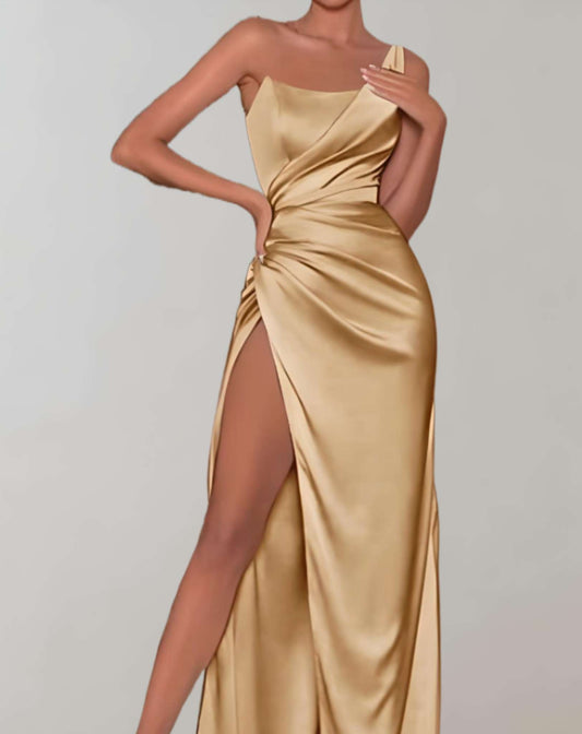 Vestido de noche elegante de un solo hombro con abertura y corte ceñido para mujer | Ideal para primavera/verano