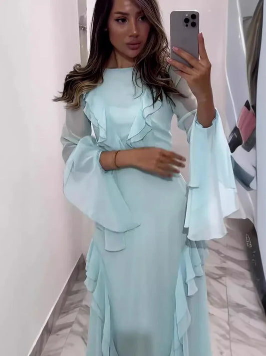 Artcat Elegant Long Sleeved Ruffled Bodycon Women Dress Fall 2025 New Mesh Hollow Out Evening Dress Slim Fit Party Club Vestidos