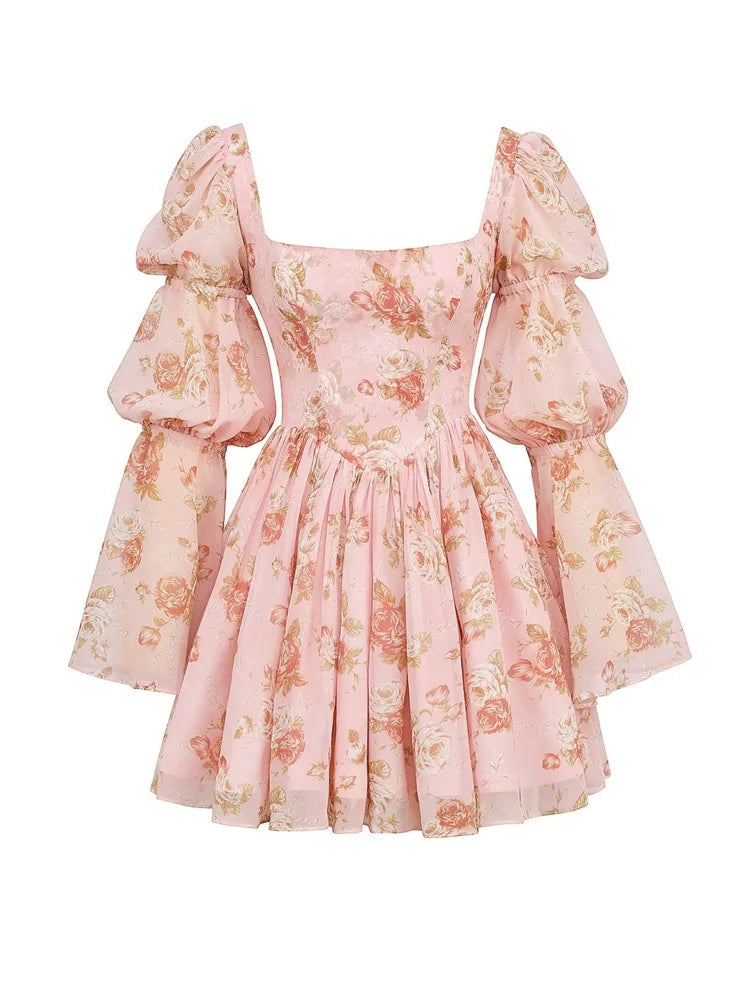 Elegant Horn Long Sleeve Bodycon Printed Short Skirt Female Sexy Square Neck Slim Female Dress Party Club Evening Dress