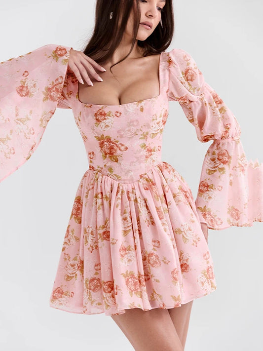 Elegant Horn Long Sleeve Bodycon Printed Short Skirt Female Sexy Square Neck Slim Female Dress Party Club Evening Dress