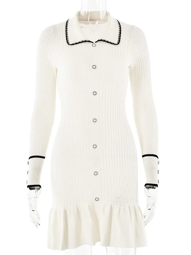 Elegant Knitted Sweater Button Elastic Slim Women Dress Lotus Leaf Edge Bodycon Long Sleeve Fall New Female Vestido
